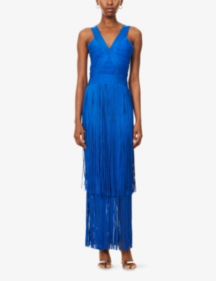 Herve Leger Womens Bright Blue The Brigitte Fringed Stretch-knitted Maxi Gown Xs In Blue