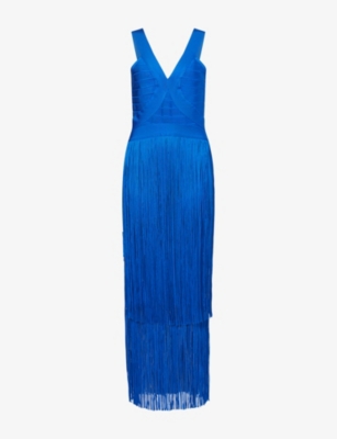 Herve Leger Womens Bright Blue The Brigitte Fringed Stretch-knitted Maxi Gown Xs In Blue