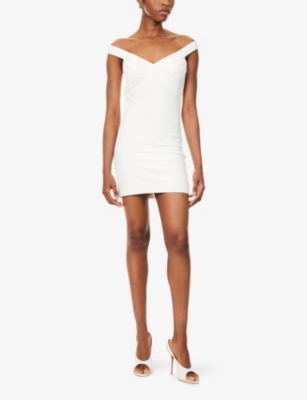 Herve Leger Womens Alabaster The Rachel Off The Shoulder Stretch-knitted Mini Dress In White