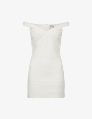 Herve Leger Womens Alabaster The Rachel Off The Shoulder Stretch-knitted Mini Dress In White