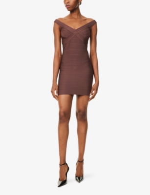 Herve Leger Womens Coffee The Rachel Off The Shoulder Stretch-knitted Mini Dress Xs In Brown