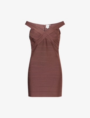 Herve Leger Womens Coffee The Rachel Off The Shoulder Stretch-knitted Mini Dress Xs In Brown