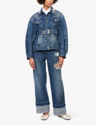 Simone Rocha Womens Distressed Blue Embellished Belted Denim Jacket In Blue