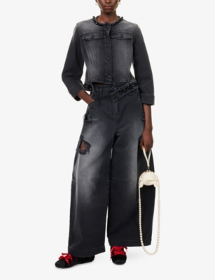 Simone Rocha Womens Distressed Black Tail Bead-embellished Denim Jacket In Black