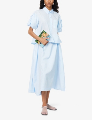 Simone Rocha Womens Baby Blue Bow Hip Flared Cotton-poplin Midi Skirt In Blue