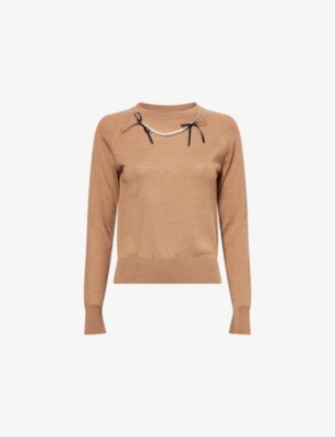 Simone Rocha Womens Chestnut Pearl Embellished Round-neck Wool And Silk Jumper