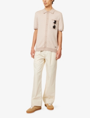 Belier Mens Block Print Short-sleeves Wool Shirt Beige