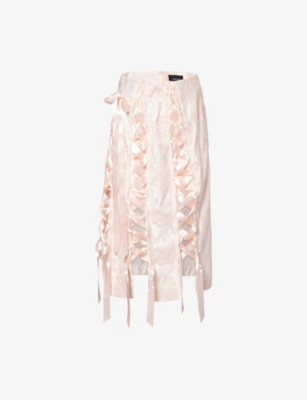 Simone Rocha Womens Blush Unraveling Ribbon Brocade Midi Skirt In Pink