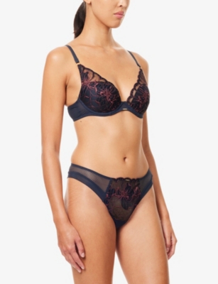 Chantelle Womens Blue Lurex Fleurs Lace Thong In Blue
