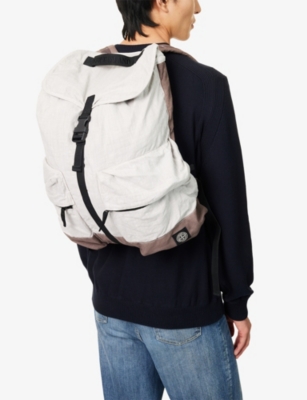 Stone Island Mens Cream/brown Brand-patch Zip-pockets Linen-blend Backpack