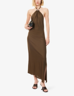 Attico Womens Military Green Halterneck Regular-fit Woven Midi Dress In Brown