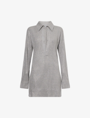 THE ATTICO: Crystal-Embellished Polo-Collar Cotton Mini Jumper Dress
