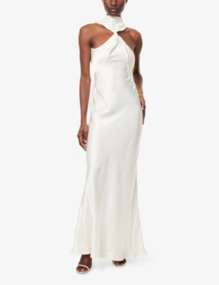 Attico Womens Halterneck Open-back Satin Maxi Dress Ivory In White