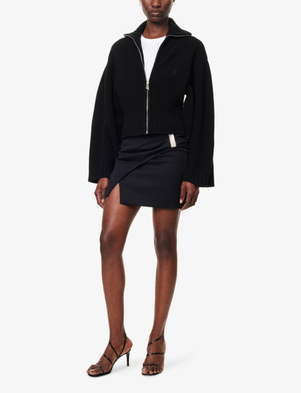 Wrap Midi-Waist Stretch-Wool Mini Skirt