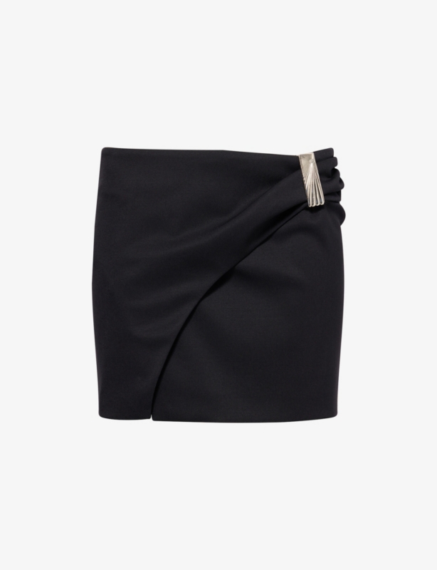 Wrap Midi-Waist Stretch-Wool Mini Skirt