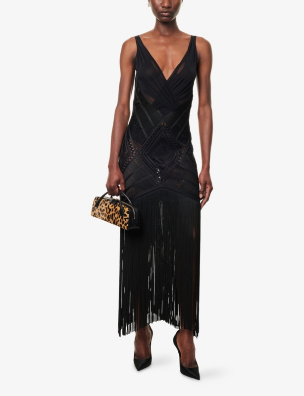 Fringed Embroidered Woven Midi Dress