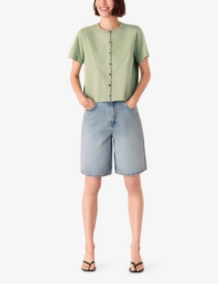 WHISTLES: Round-Neck Button-Up Cotton T-Shirt