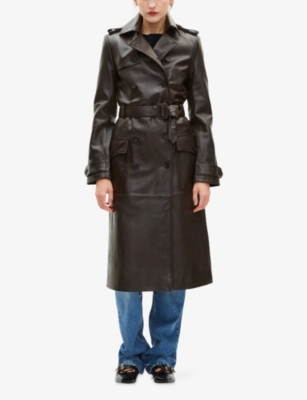 The Kooples Womens Dark Brown Melange Double-breasted Leather Trench Coat Xs In Black