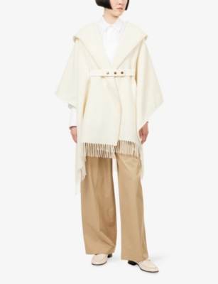 Moncler Womens Hooded Fringed Wool Cape Natural In White