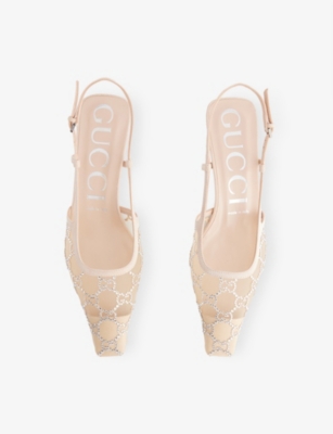 Gucci Demi Leather-trimmed Crystal-embellished Mesh Slingback Pumps In White