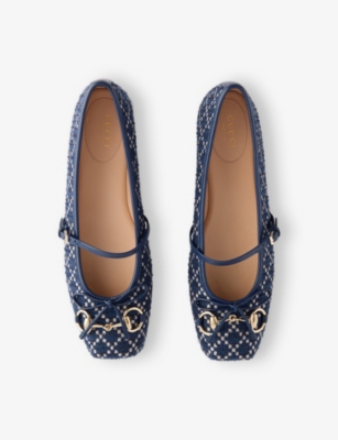Gucci Womens Blue White Kids' Horsebit Tweed Ballerina Flat Eur 40 / 7 Uk In Multi