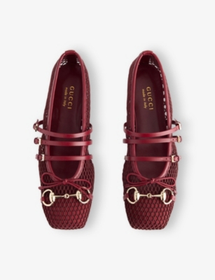 Gucci Net Nappa Triple-strap Horsebit Ballerina Flats In Red