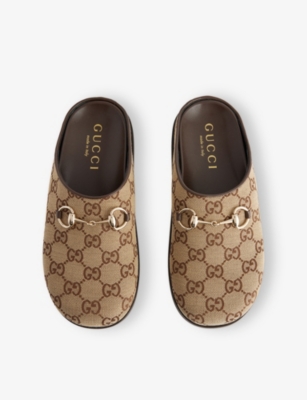 Gucci Gg Monogram Horsebit Flat Mules In Brown