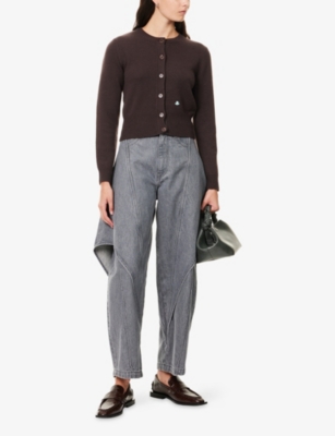 Jw Anderson Mens Chocolate Brown Regular-fit Embroidered Wool Cardigan In Burgundy