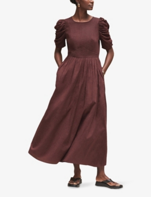 Ro&zo Womens Chocolate Round-neck Puff-sleeve Cotton Midi Dress In Brown