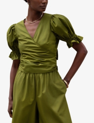 Ro&zo Womens Khaki Wrap-front Puff-sleeved Cotton-poplin Top In Multi
