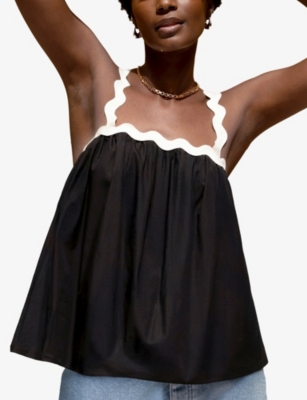 RO&ZO: Contrast-Strap Scalloped-Trim Cotton Cami Top