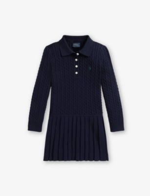 Polo Ralph Lauren Kids' Girls' Logo-embroidered Cable-knit Cotton Polo Jumper Dress Navy In Blue
