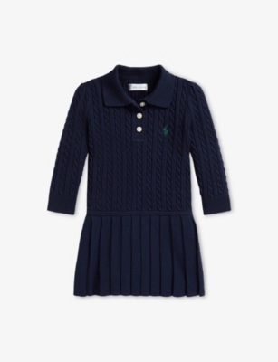 Polo Ralph Lauren Kids' Girls' Logo-embroidered Cable-knit Cotton Polo Jumper Dress Navy In Blue