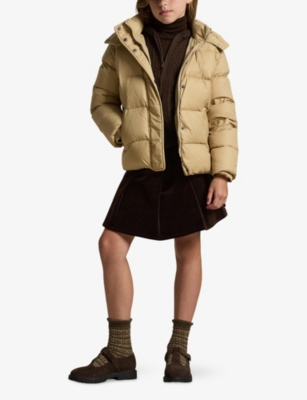 Polo Ralph Lauren Khaki Girls' Logo-embroidered Hooded Shell-down Puffer Jacket In Brown
