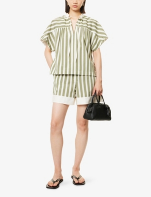 3.1 PHILLIP LIM: Striped Short-Sleeve Tie-Neck Cotton-Silk Top