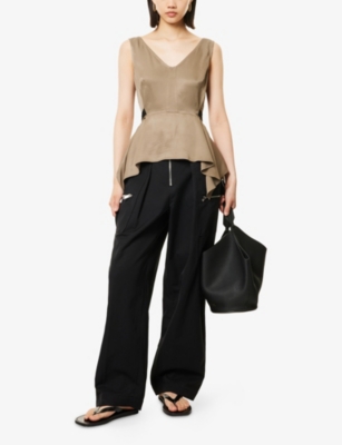 3.1 Phillip Lim Womens Olive V-neck Sleeveless Flounce Satin Top