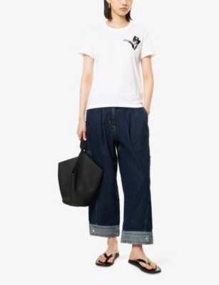 3.1 PHILLIP LIM: Tulip Embroidery Cropped Short-Sleeve Cotton-Jersey T-Shirt