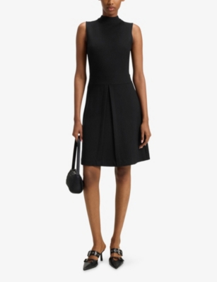 Hugo Boss Womens Black Sleeveless Pleat-skirt Jersey Mini Dress In Black