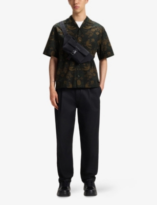 Hugo Boss Mens Open Green Graphic-print Short-sleeve Cotton Shirt Xl In Black