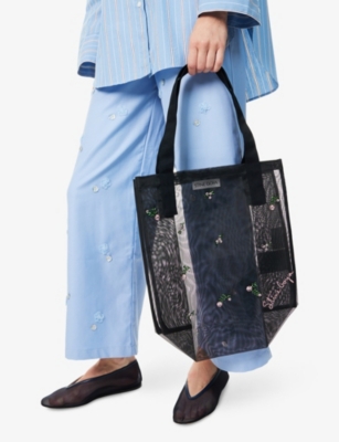 Stine Goya Womens Black Flower-embellished Mesh Tote Bag