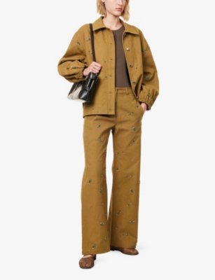 Stine Goya Womens Wild Flower Beads Bead-embellished Wide-leg High-rise Cotton Trousers In Brown