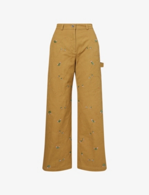 Stine Goya Womens Wild Flower Beads Bead-embellished Wide-leg High-rise Cotton Trousers In Brown
