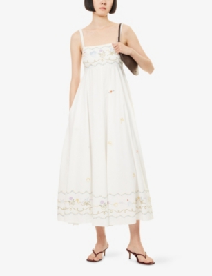 Alemais Giulia Shirred Embroidered Organic Cotton-poplin Maxi Dress In White