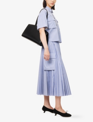 SACAI: Striped Pleated Cotton-Blend Midi Skirt