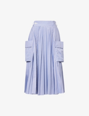 SACAI: Striped Pleated Cotton-Blend Midi Skirt