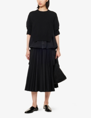 SACAI: Contrast-Denim Short-Sleeves Cotton-Blend Jumper