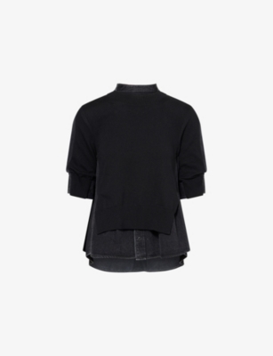 SACAI: Contrast-Denim Short-Sleeves Cotton-Blend Jumper