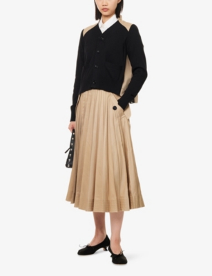 SACAI: Contrast Pleated Cotton-Blend Cardigan