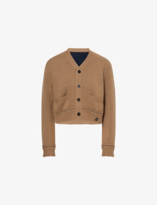 Sacai Womens Beige V-neck Crop Cotton-blend Cardigan In Beige