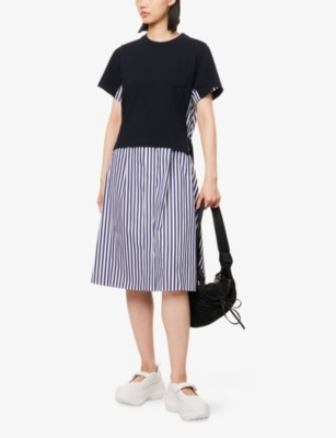 SACAI: Belted Striped Cotton-Jersey Midi Dress